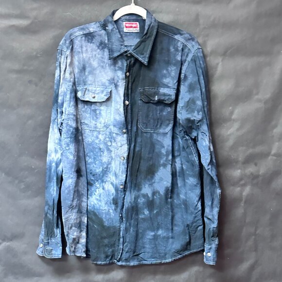 Wrangler Black Tie Dye Shirt Long Sleeve Size Large Blue Rodeo Tied Dyed Ombré - Picture 1 of 9